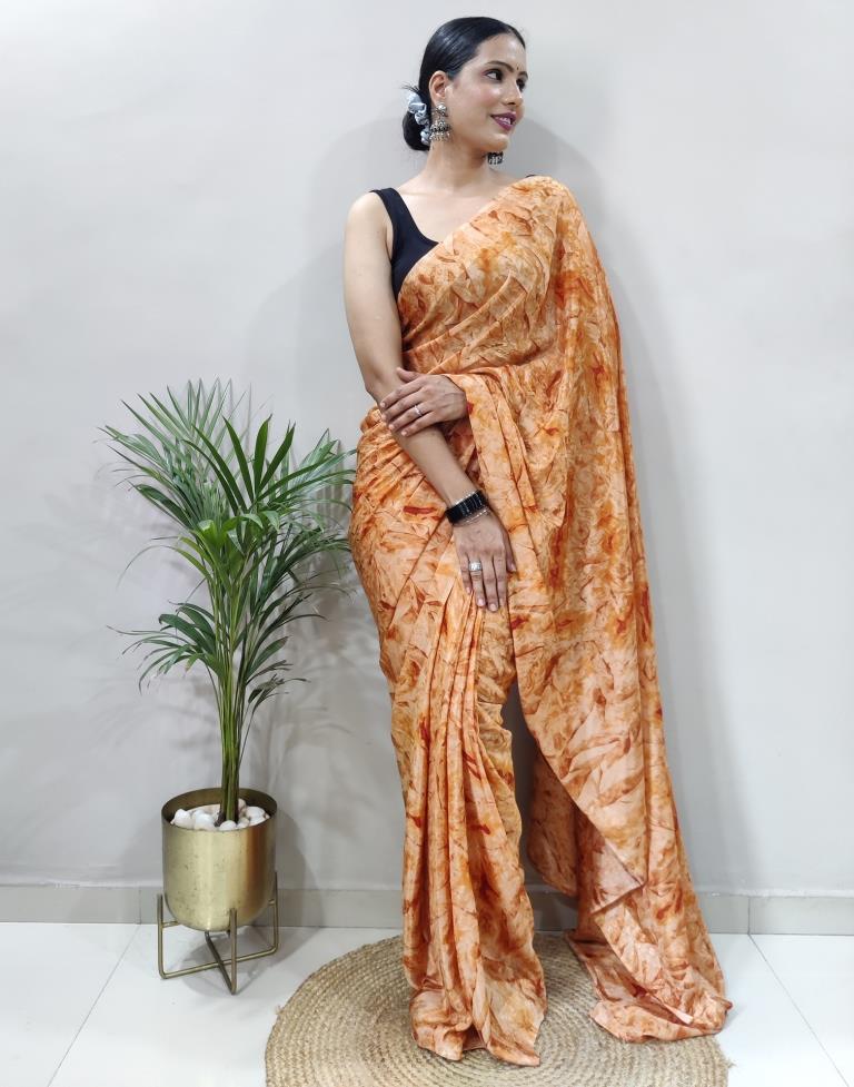 Ready to Wear Light Orange Chiffon Printed Saree