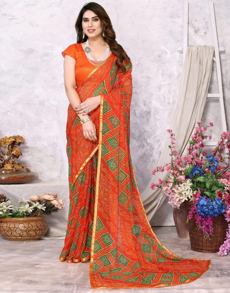 Orange Chiffon Bandhani Printed Saree