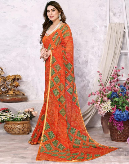 Orange Chiffon Bandhani Printed Saree