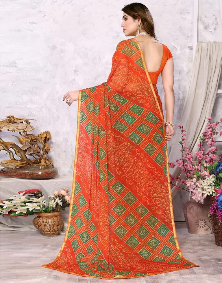Orange Chiffon Bandhani Printed Saree