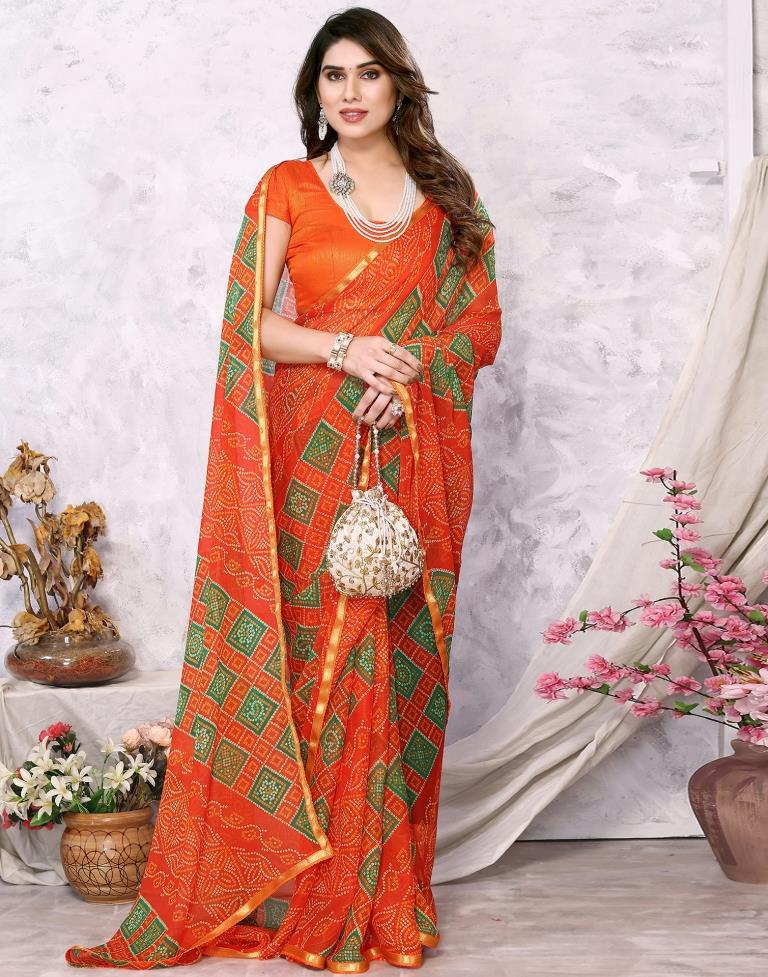 Orange Chiffon Bandhani Printed Saree