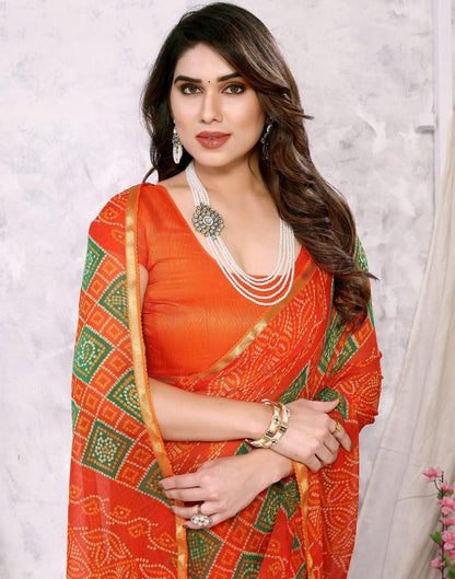 Orange Chiffon Bandhani Printed Saree