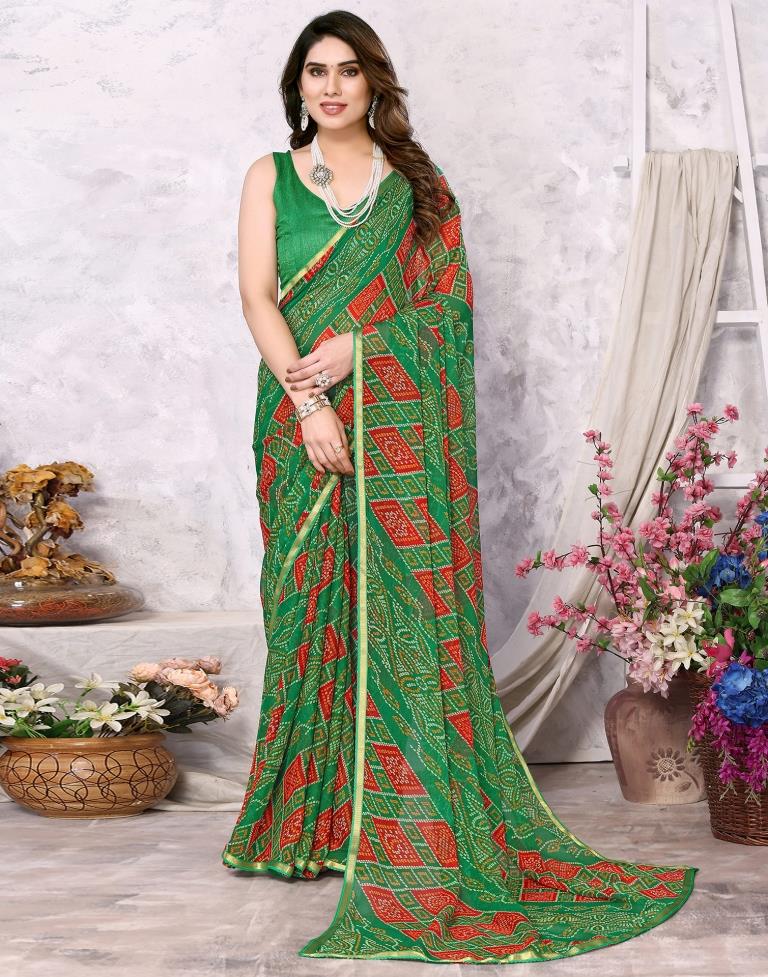 Green Chiffon Bandhani Printed Saree