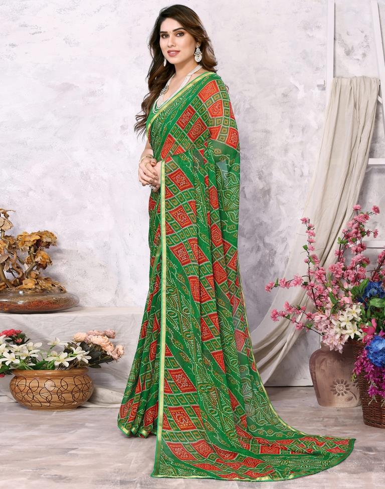 Green Chiffon Bandhani Printed Saree