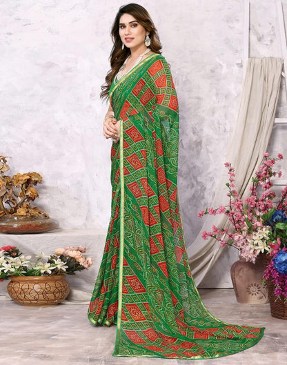 Green Chiffon Bandhani Printed Saree