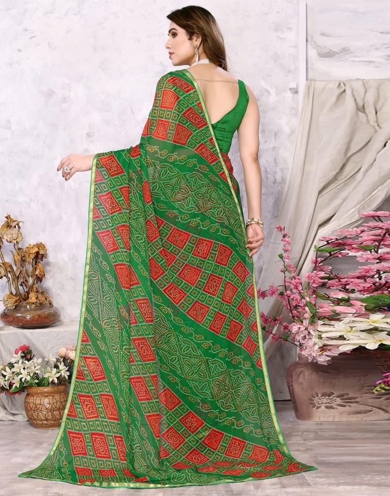 Green Chiffon Bandhani Printed Saree
