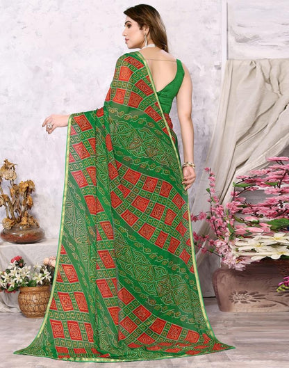 Green Chiffon Bandhani Printed Saree