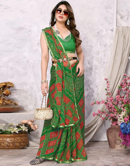 Green Chiffon Bandhani Printed Saree