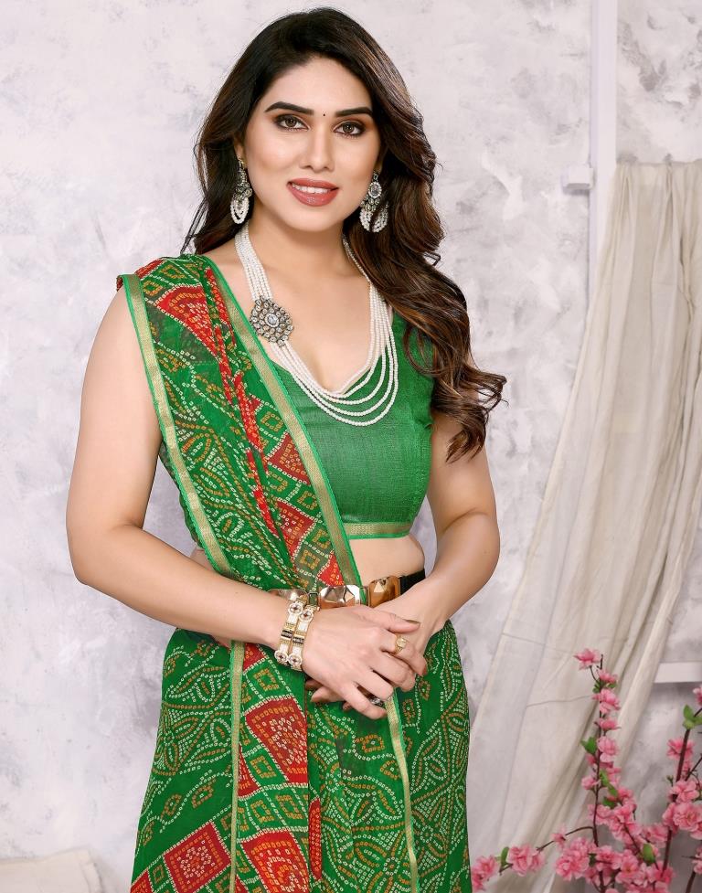 Green Chiffon Bandhani Printed Saree