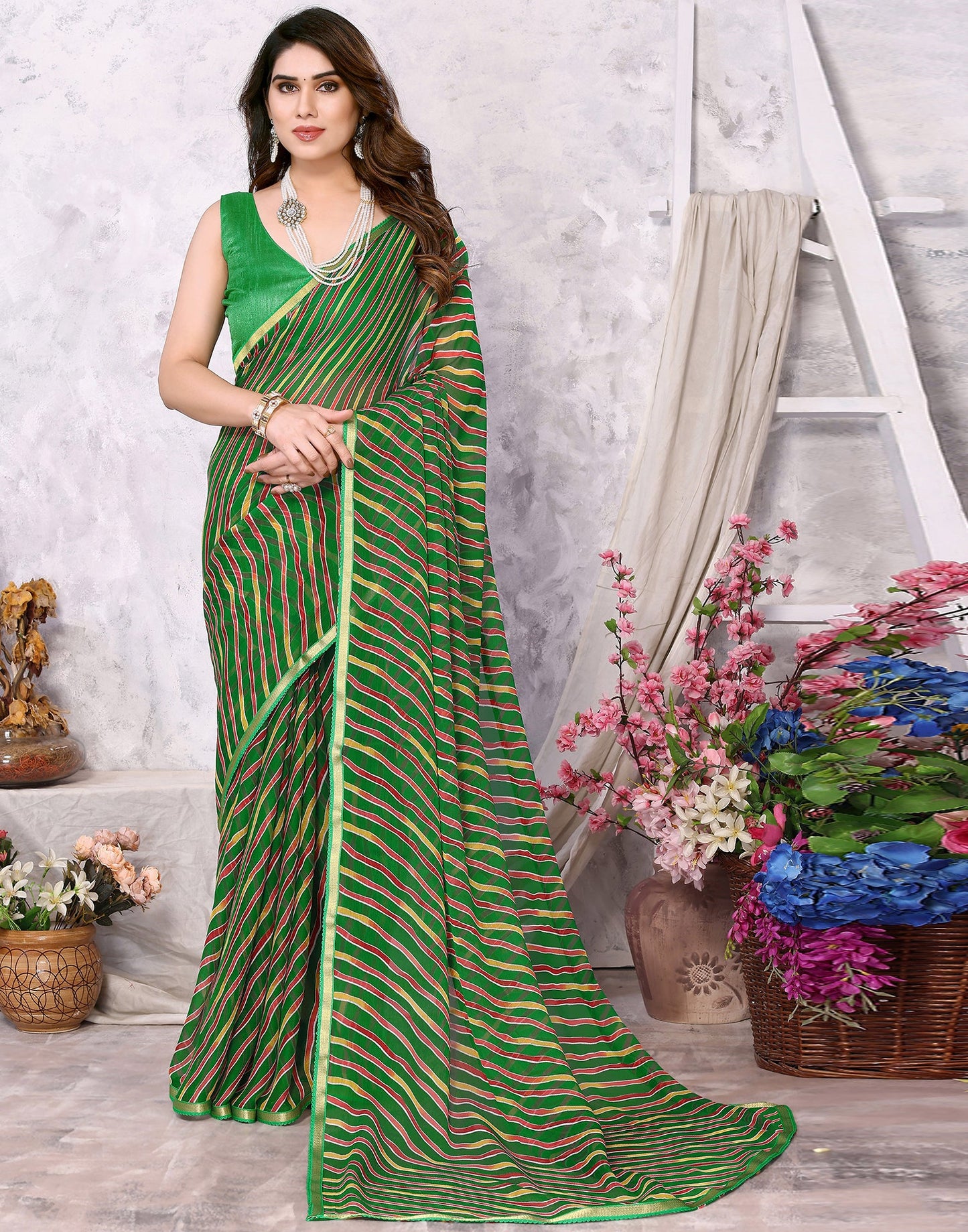 Green Chiffon Leheriya Printed Saree