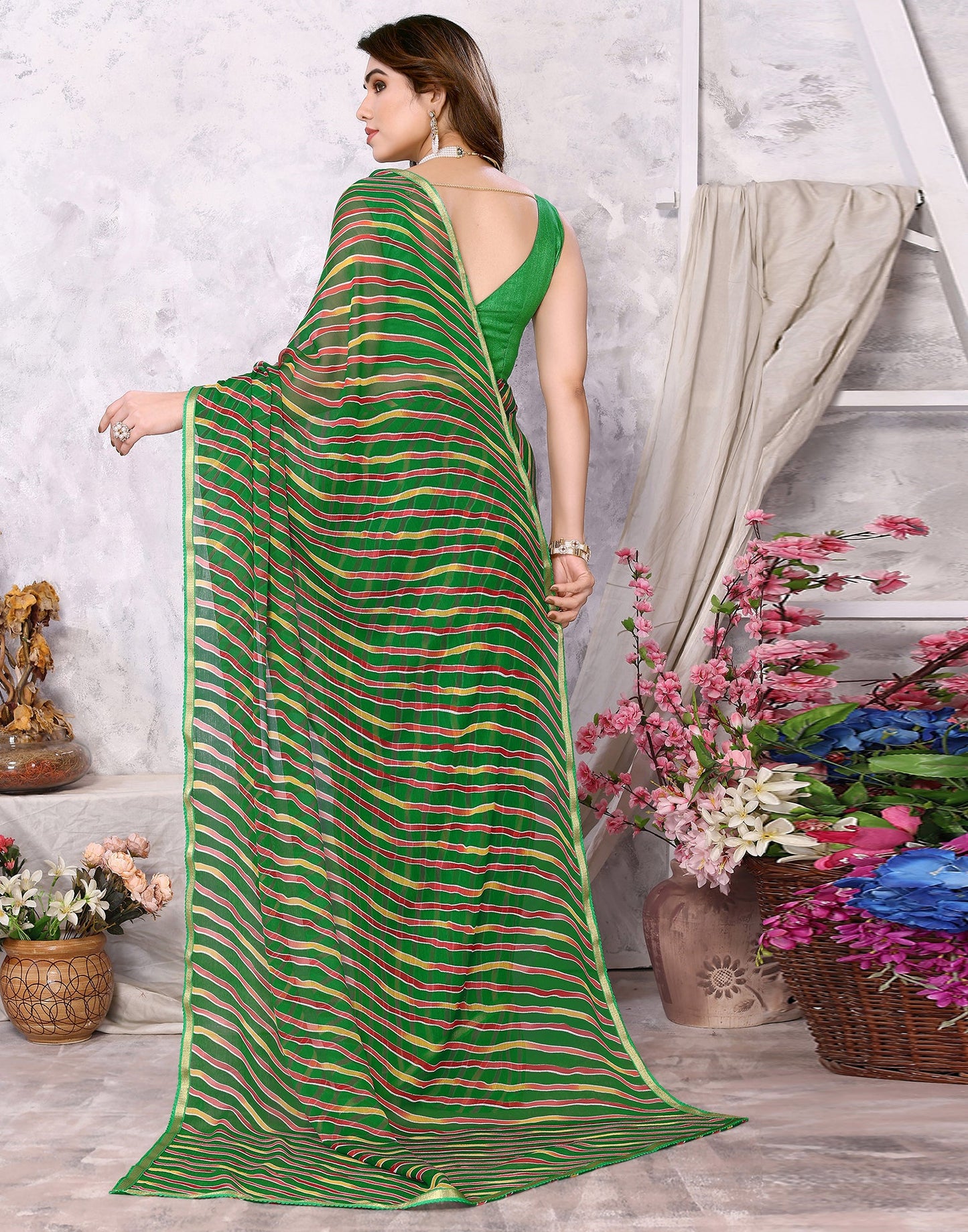 Green Chiffon Leheriya Printed Saree