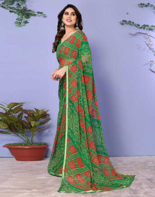 Red Chiffon Bandhani Printed Saree
