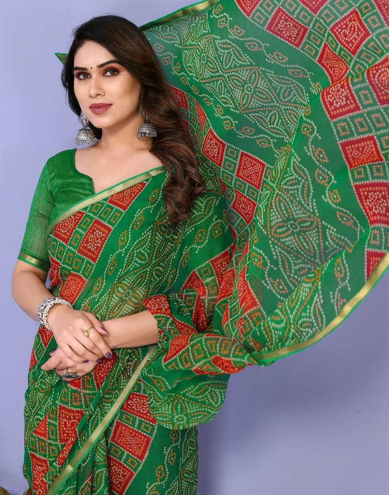 Red Chiffon Bandhani Printed Saree