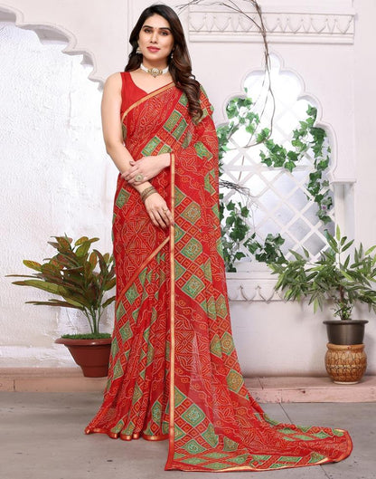 Red Chiffon Bandhani Printed Saree