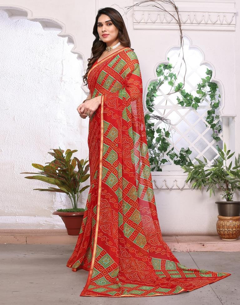Red Chiffon Bandhani Printed Saree