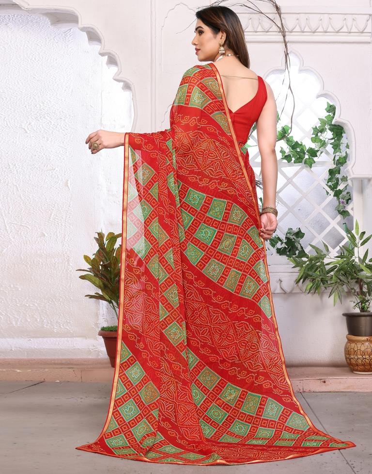 Red Chiffon Bandhani Printed Saree
