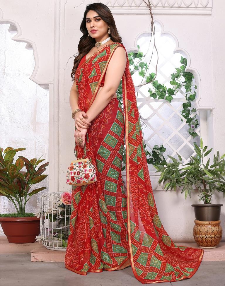 Red Chiffon Bandhani Printed Saree
