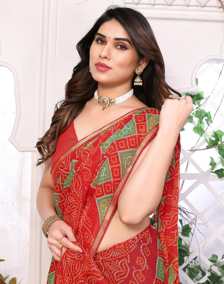 Red Chiffon Bandhani Printed Saree