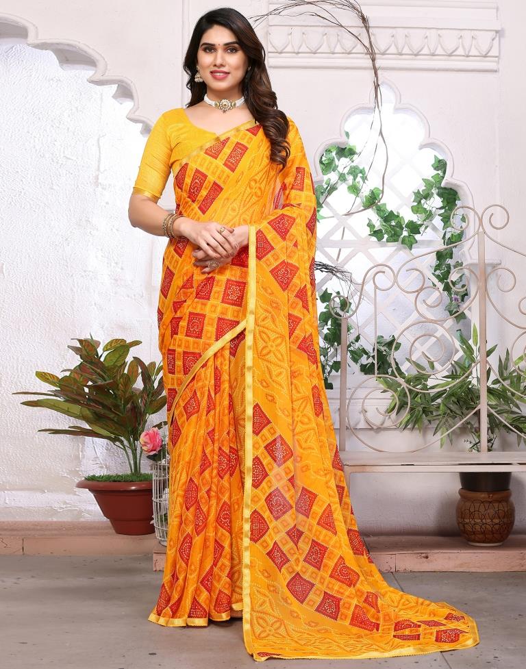 Turmeric Yellow Chiffon Bandhani Printed Saree