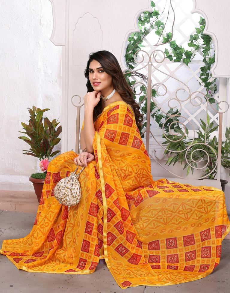 Turmeric Yellow Chiffon Bandhani Printed Saree