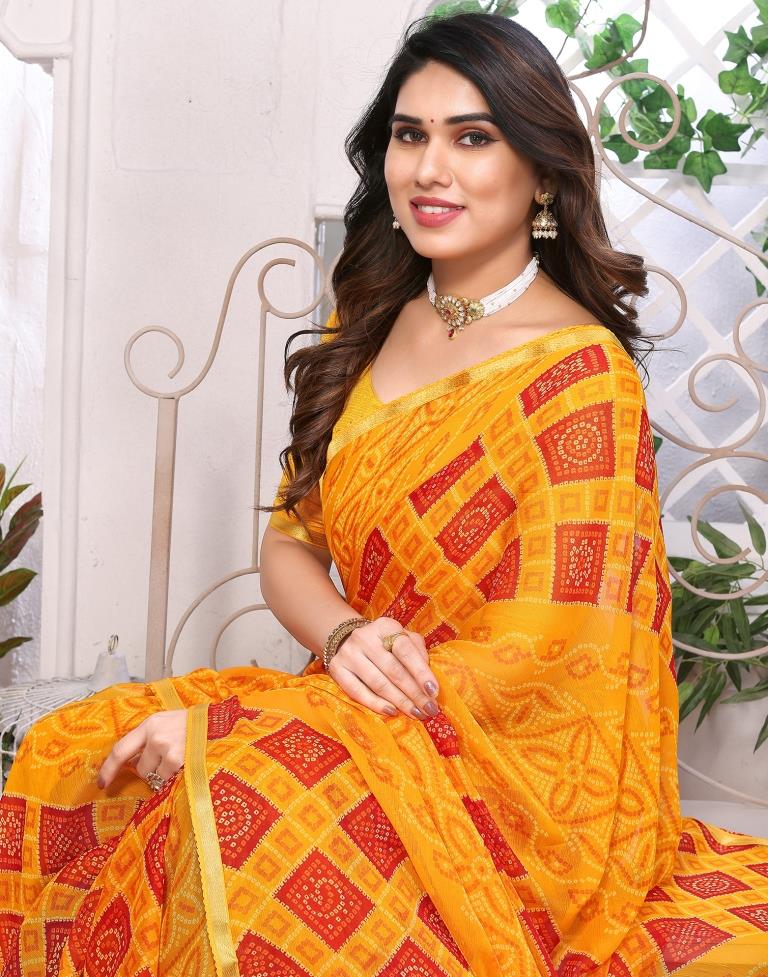 Turmeric Yellow Chiffon Bandhani Printed Saree