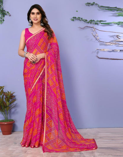 Dark Pink Chiffon Bandhani Printed Saree