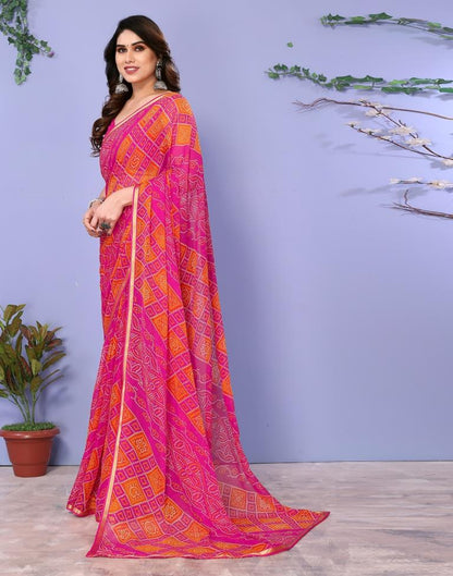 Dark Pink Chiffon Bandhani Printed Saree