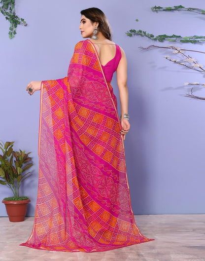 Dark Pink Chiffon Bandhani Printed Saree