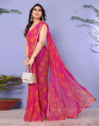Dark Pink Chiffon Bandhani Printed Saree