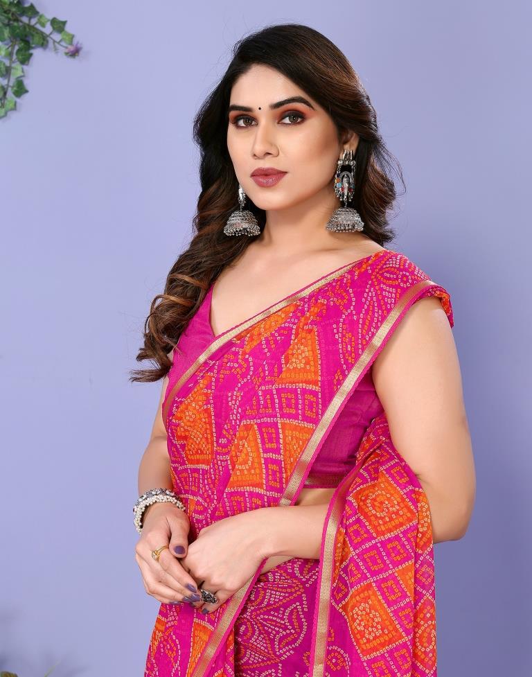 Dark Pink Chiffon Bandhani Printed Saree