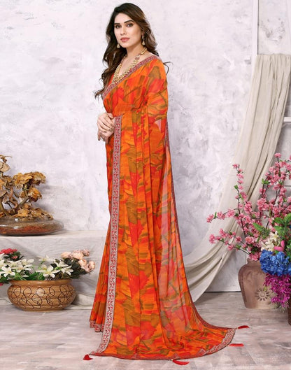 Orange Chiffon Printed Saree