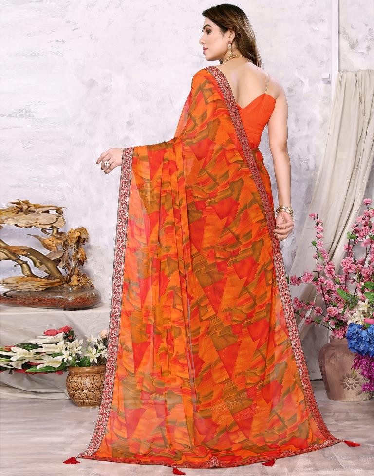 Orange Chiffon Printed Saree