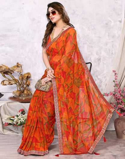 Orange Chiffon Printed Saree