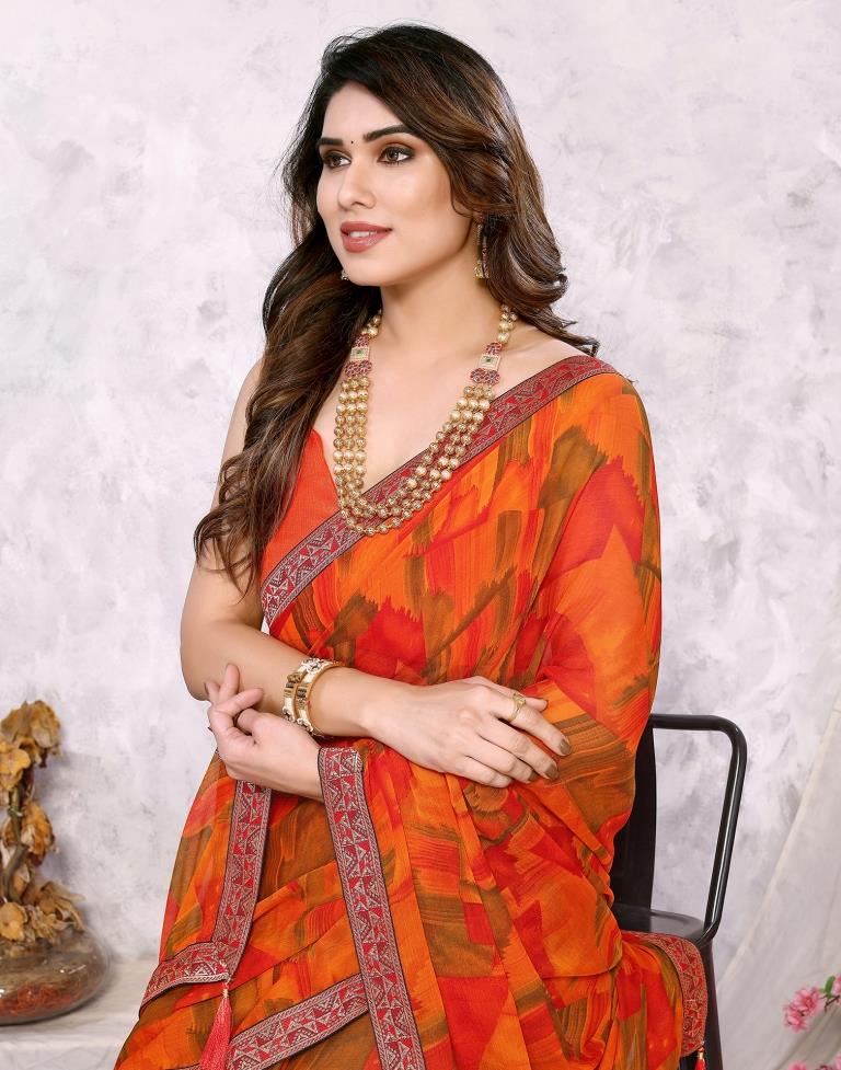 Orange Chiffon Printed Saree