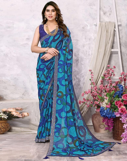 Blue Chiffon Printed Saree
