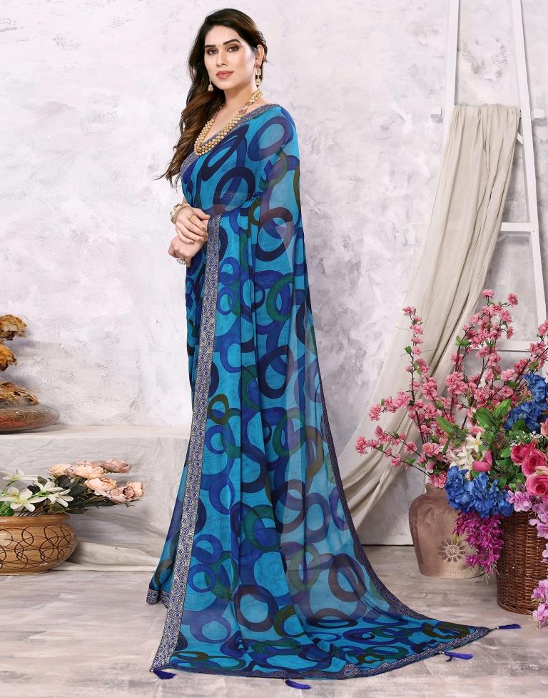 Blue Chiffon Printed Saree