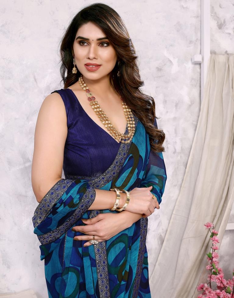 Blue Chiffon Printed Saree