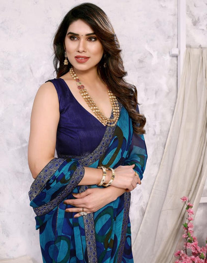 Blue Chiffon Printed Saree