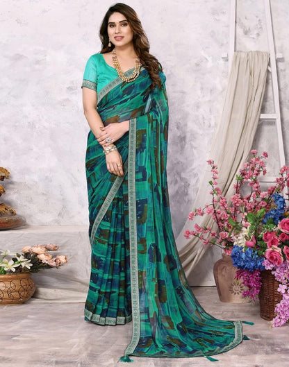 Rama Green Chiffon Printed Saree