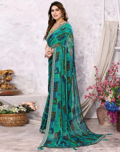 Rama Green Chiffon Printed Saree