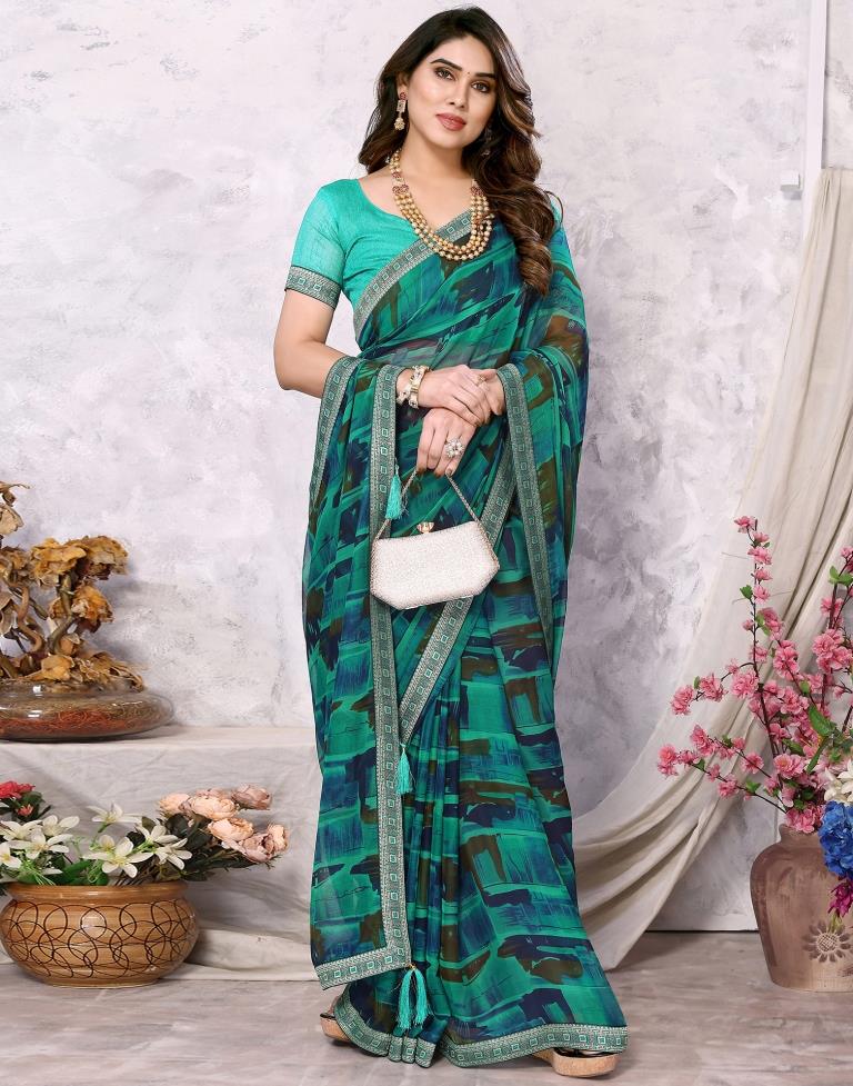 Rama Green Chiffon Printed Saree