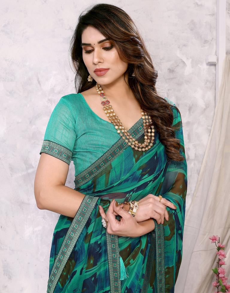 Rama Green Chiffon Printed Saree