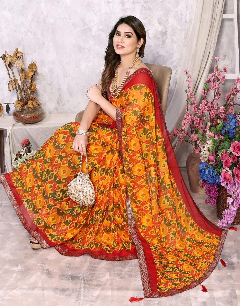 Turmeric Yellow Chiffon Printed Saree