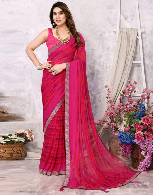 Rani Pink Chiffon Printed Saree