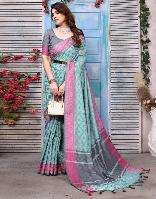 Turquoise Silk Weaving Saree