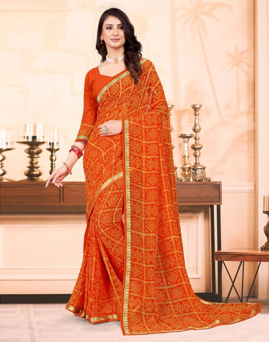Orange Georgette Bandhani Printed Saree