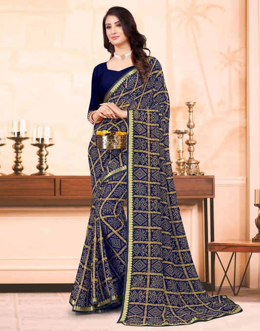 Navy Blue Georgette Bandhani Printed Saree