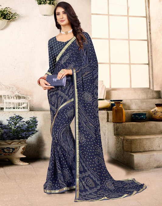 Navy Blue Georgette Bandhani Printed Saree