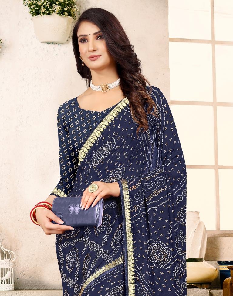 Navy Blue Georgette Bandhani Printed Saree