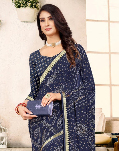 Navy Blue Georgette Bandhani Printed Saree